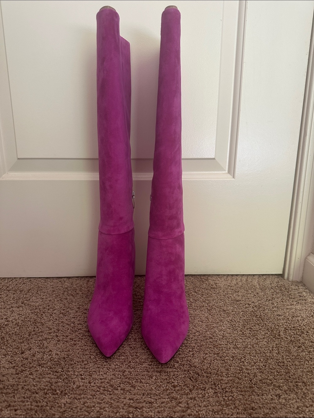 Nine West Suede Knee-High Heeled Boots in Fuchsia